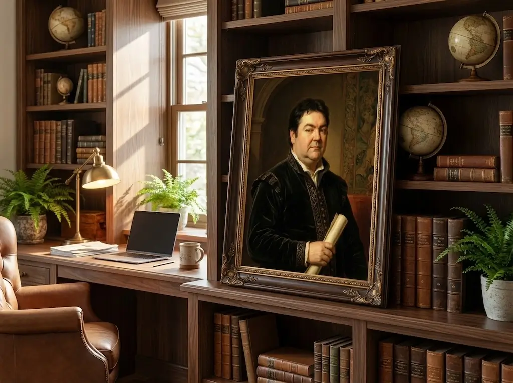 Pet portrait canvas on a bedroom wall