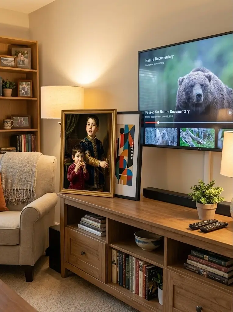 Couple portrait canvas above a fireplace mantel